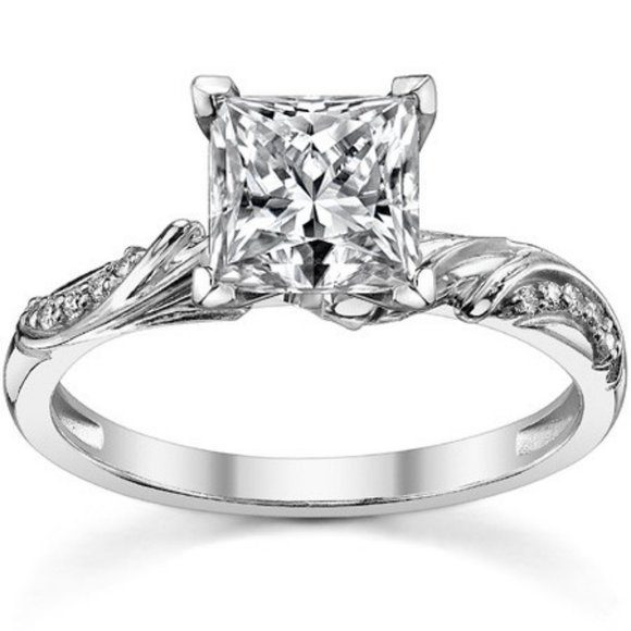 2.0Carat -7.0mm Princess Moissanite Floral Accent Engagement Ring - Picture 1 of 6